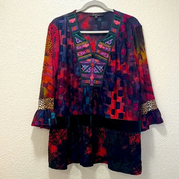 Caleaas boho style multicolor mix media tunic length 3/4 sleeve top - Picture 1 of 16